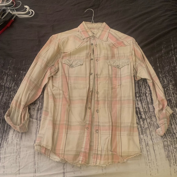 2005 Seven Diamonds Cream, Lt Gray & Pale Pink Worn & Western Snap Button Shirt - Picture 5 of 5